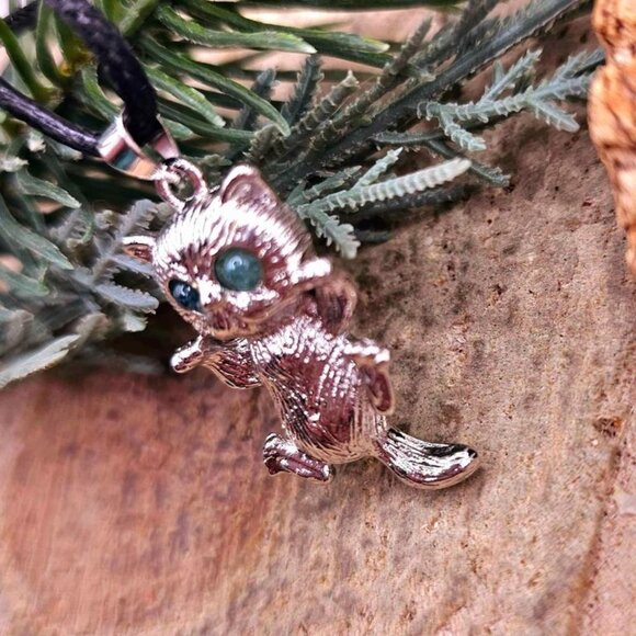 Cute Nature Green Tourmaline Sneaky Cat Pendant Necklace. Price includes both pe - Picture 9 of 10